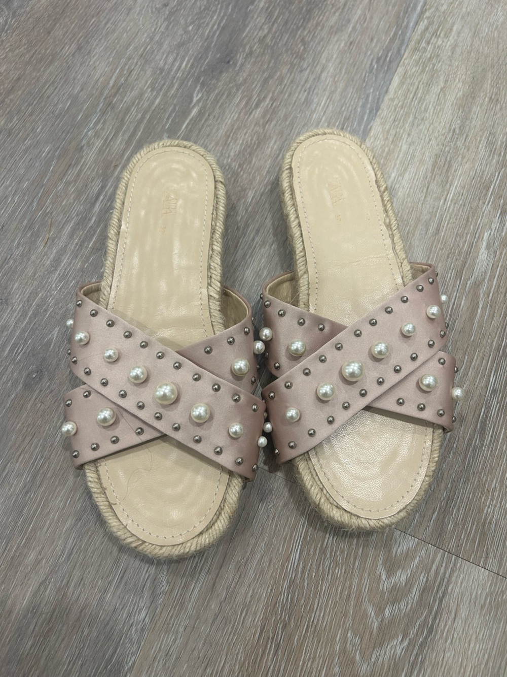 Zara Pink Pearl & Stud Cross-Strap Slide Sandals